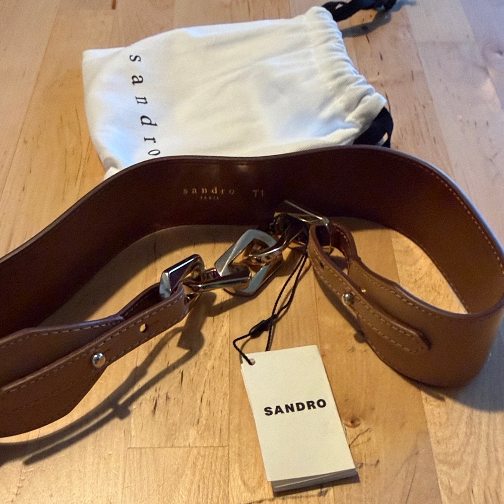Sandro Tan Leather Belt with Silver Chain Detail